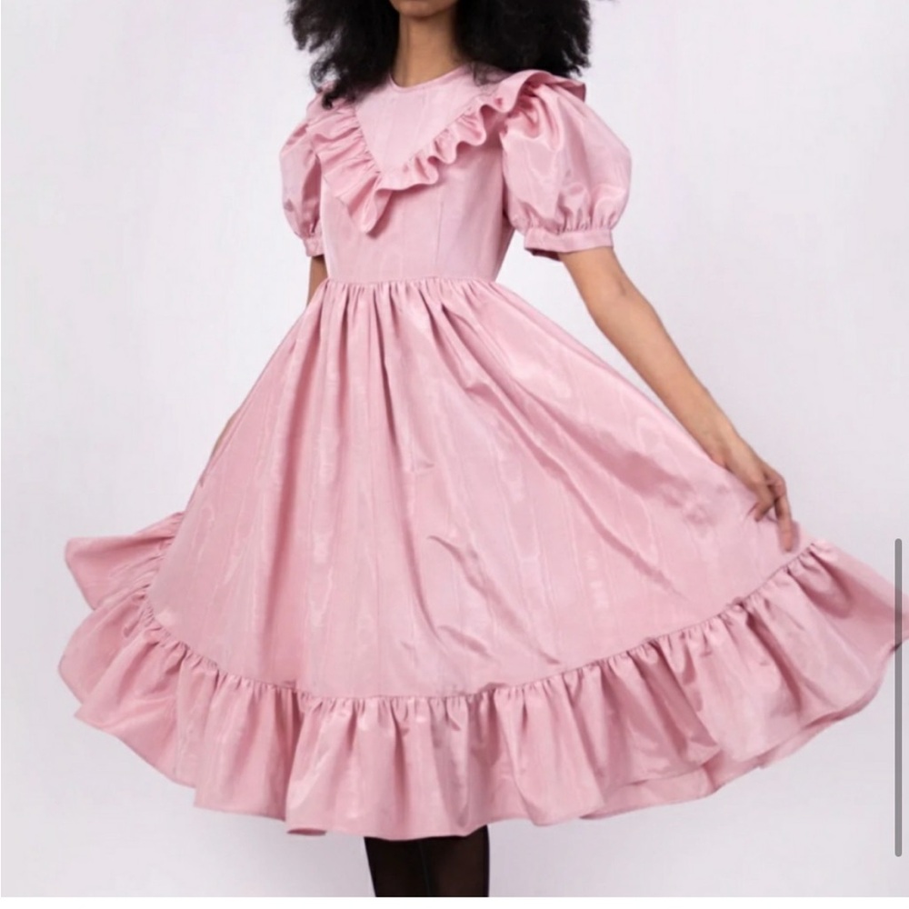 Batsheva Yellow Satin Ruffled Puff-Sleeve Dress - Picture 6 of 16